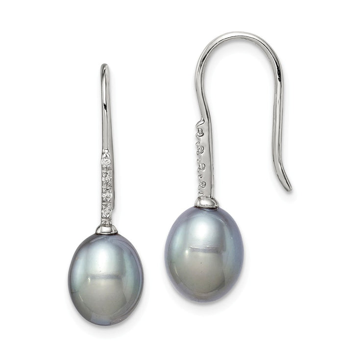 925 Sterling Silver Rh-plated 7-8mm Grey Freshwater Cultured Pearl Cubic Zirconia ( CZ ) Dangle Earrings, 26.33mm x 7 to 8mm