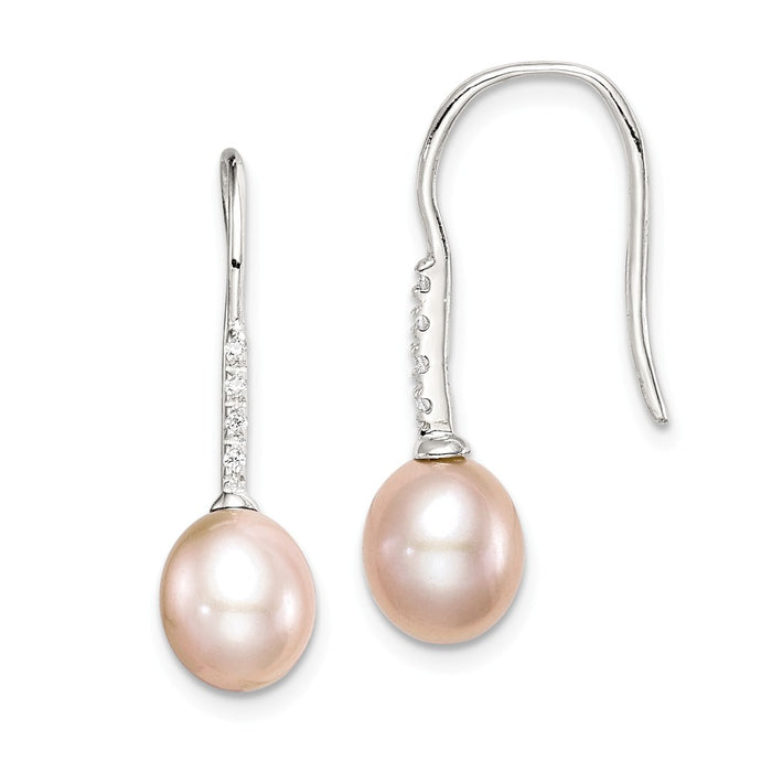 925 Sterling Silver Rh-plated 7-8mm Pink Freshwater Cultured Pearl Cubic Zirconia ( CZ ) Dangle Earrings, 26.3mm x 7 to 8mm