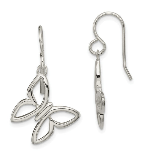 925 Sterling Silver Butterfly Shepherd Hook Dangle Earrings, 29.84mm x 17.62mm