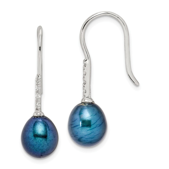 925 Sterling Silver Rh-plated 7-8mm Black Freshwater Cultured Pearl Cubic Zirconia ( CZ ) Dangle Earrings, 26.33mm x 7 to 8mm