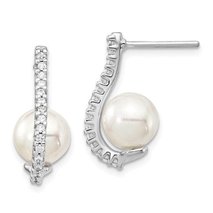 925 Sterling Silver Rh-pl Plated Cubic Zirconia ( CZ ) & Imitation Shell Pearl Earrings, 19.82mm x 8.15mm