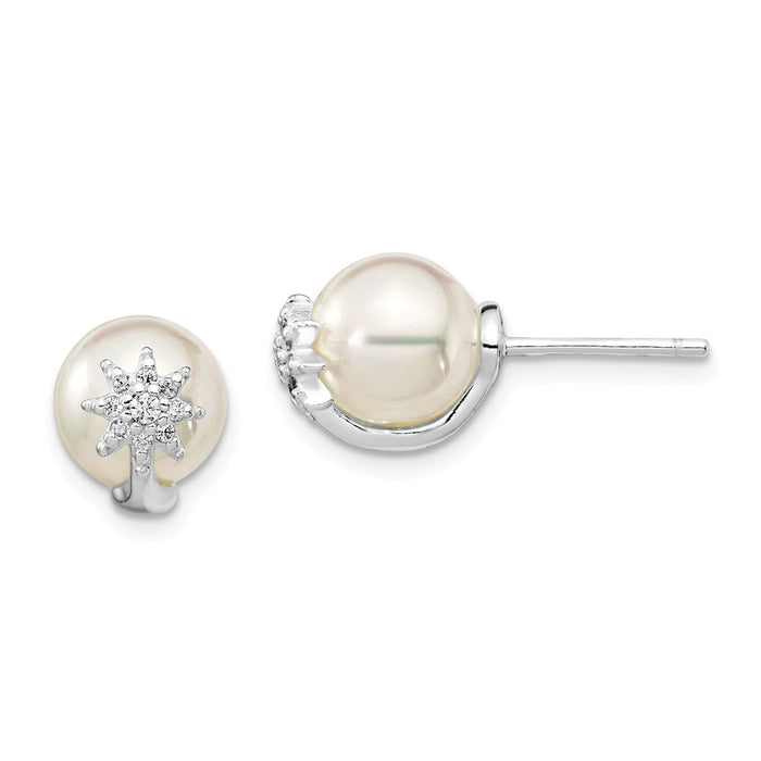 925 Sterling Silver Rh-pl Plated Cubic Zirconia ( CZ ) & Imitation Shell Pearl Earrings, 9.56mm x 9.56mm