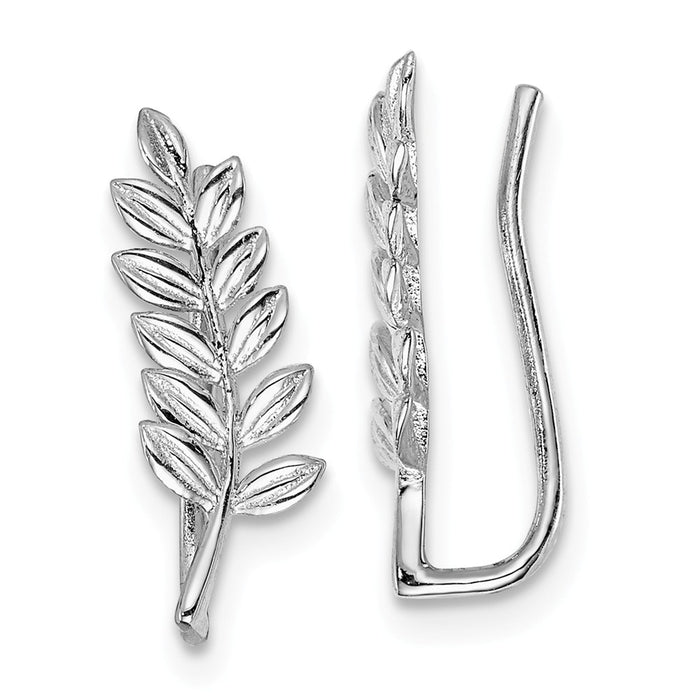 925 Sterling Silver Rhodium-Plated Leaf Ear Climber Earrings, 16.1mm x 5.8mm