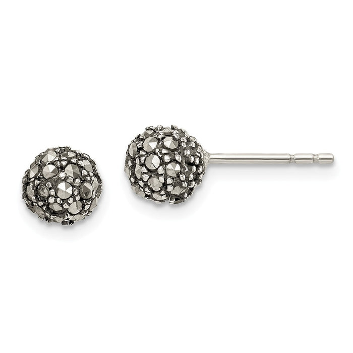 925 Sterling Silver Antiqued Marcasite 6mm Ball Post Earrings, 6.52mm x 6.52mm