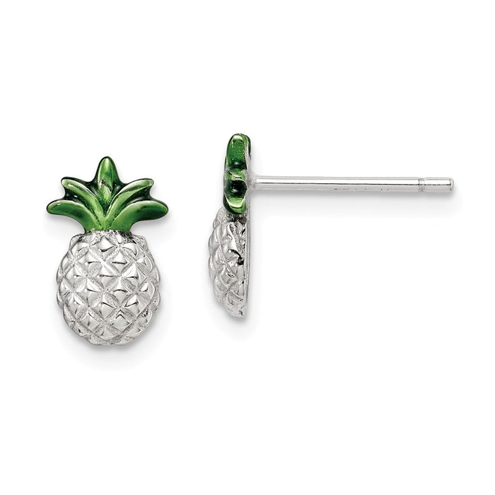 925 Sterling Silver Pineapple with Green Enamel Post Earrings, 10.58mm x 6.9mm