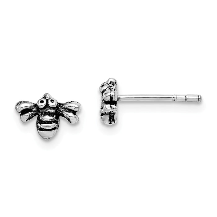 925 Sterling Silver Rhodium-plated Antiqued Bee Post Earrings, 5.22mm x 8.27mm