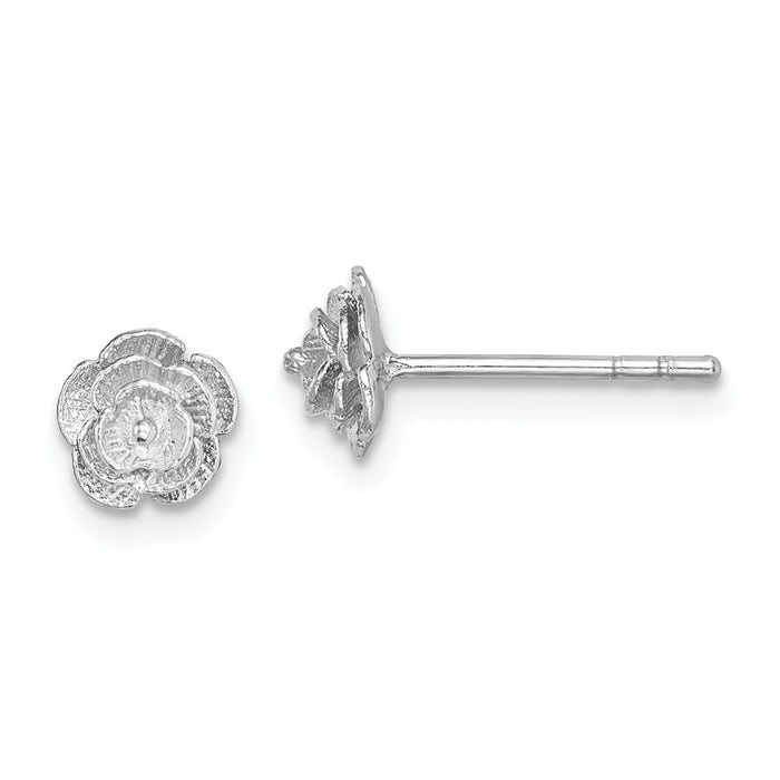 925 Sterling Silver Rhodium-plated Brushed Rose Post Earrings, 6.35mm x 6.35mm