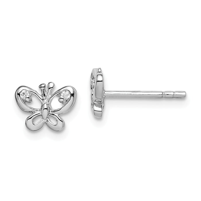 925 Sterling Silver Rhodium-plated Cubic Zirconia ( CZ ) Butterfly Post Earrings, 6.62mm x 8.23mm