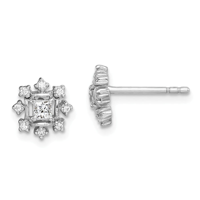 925 Sterling Silver Rhodium-plated Cubic Zirconia ( CZ ) Snowflake Post Earrings, 7.73mm x 7.73mm