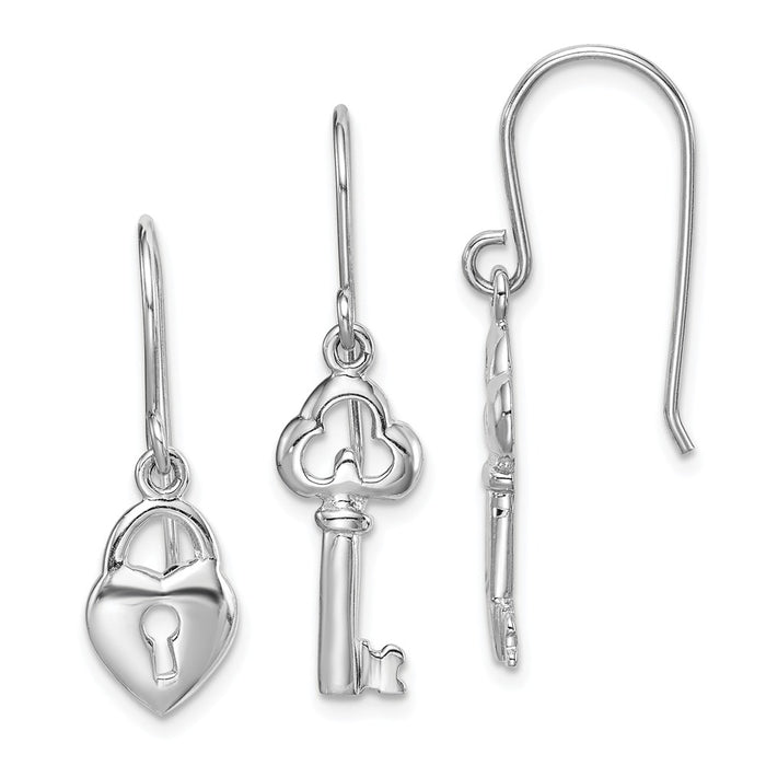 925 Sterling Silver Rhodium-plated Lock & Key Dangle Earring, 30.7mm x 7.55mm