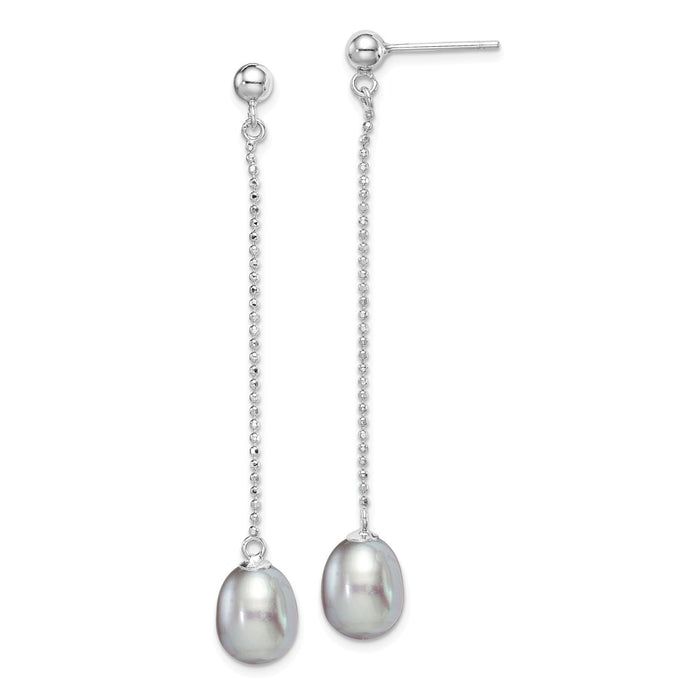 925 Sterling Silver Rh-plated 7-8mm Freshwater Cultured Grey Pearls Post Dangle Earrings, 55.48mm x 7 to 8mm