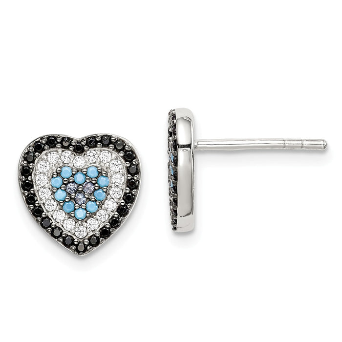 925 Sterling Silver Black, White & Blue Cubic Zirconia ( CZ ) Heart Post Earrings, 10.28mm x 10.3mm