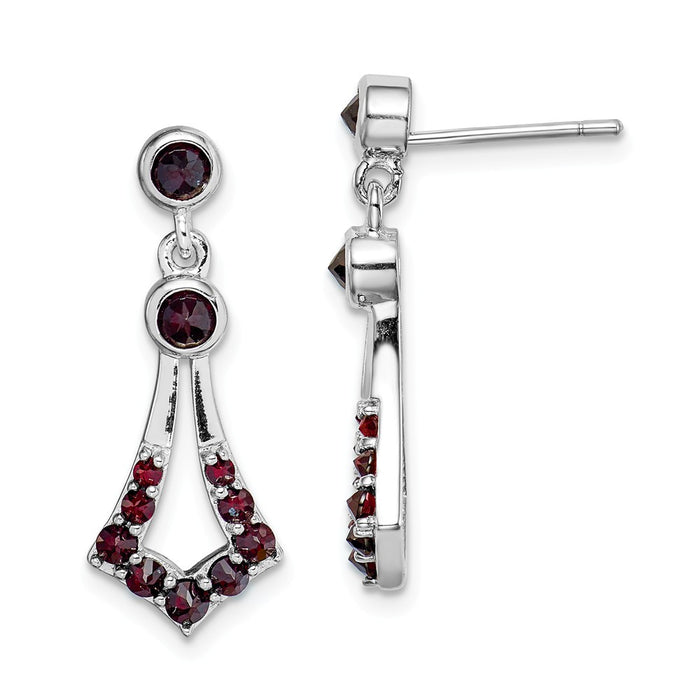 925 Sterling Silver Rhodium-Plated with Garnet Dangle Earrings, 25.9mm x 9.95mm