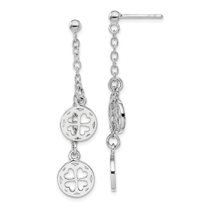 925 Sterling Silver Rhodium-plated Clover Dangle Post Earring, 45.95mm x 9.5mm