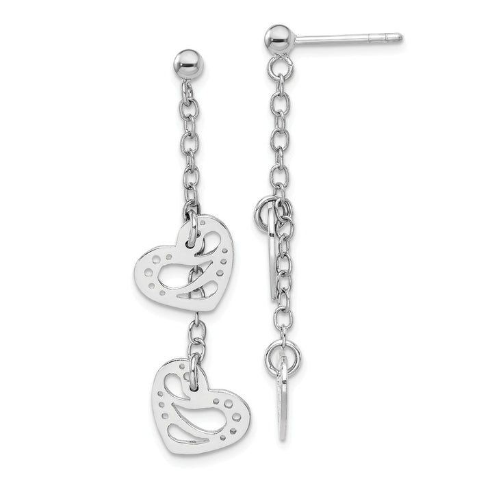 925 Sterling Silver Rhodium-plated Hearts Dangle Post Earring, 41.55mm x 10.63mm