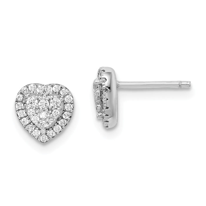 925 Sterling Silver Rhodium-plated Pave Cubic Zirconia ( CZ ) Heart Post Earrings, 7.28mm x 7.2mm