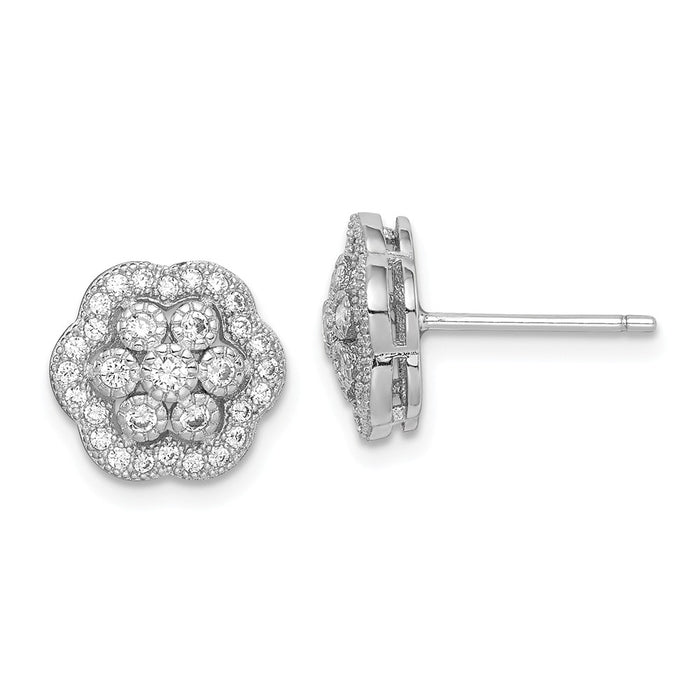 925 Sterling Silver Rhodium-plated Polished Cubic Zirconia ( CZ ) Flower Earrings, 10.01mm x 10.11mm