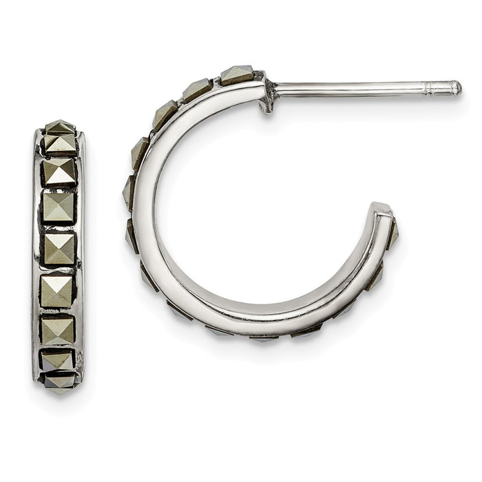 925 Sterling Silver Square Marcasite 15x3.5 Hoop Post Earrings, 16.5mm x 16.22mm
