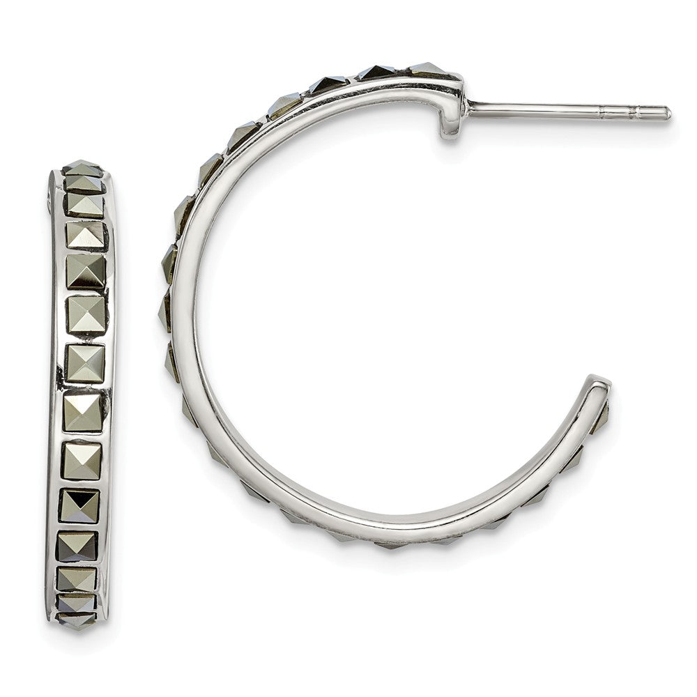 925 Sterling Silver Square Marcasite 25x3.5 Hoop PostEarrings, 24.65mm x 25.42mm