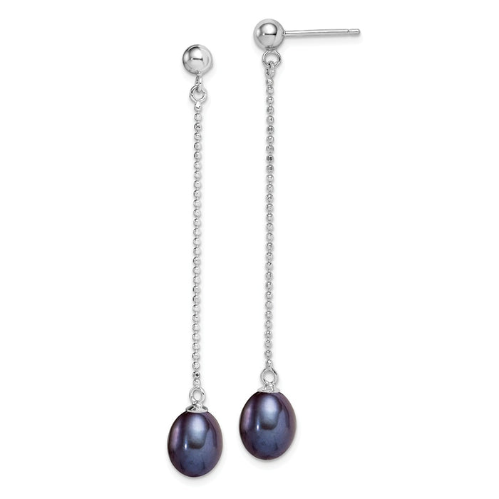 925 Sterling Silver Rh-plated 7-8mm Freshwater Cultured Black Pearls Post Dangle Earrings, 57.58mm x 7 to 8mm