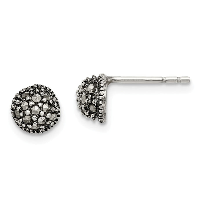 925 Sterling Silver Antiqued Marcasite 6mm Button Post Earrings, 6.44mm x 6.44mm