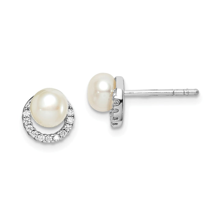 925 Sterling Silver Rhodium-Plated Freshwater Cultured Pearl & Cubic Zirconia ( CZ ) Post Earrings, 8.21mm x 7.6mm
