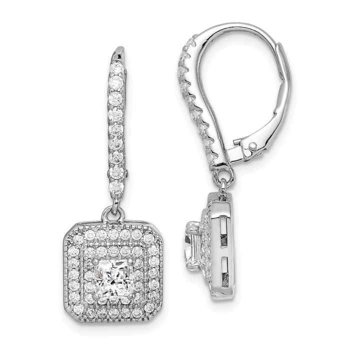 925 Sterling Silver Rhodium-plated Cubic Zirconia ( CZ ) Leverback Dangle Earrings, 28.13mm x 10.3mm