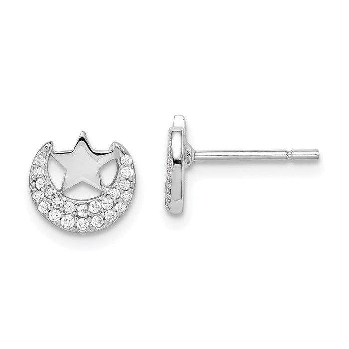 925 Sterling Silver Rhodium-plated Cubic Zirconia ( CZ ) Moon & Star Post Earrings, 7.9mm x 7.58mm