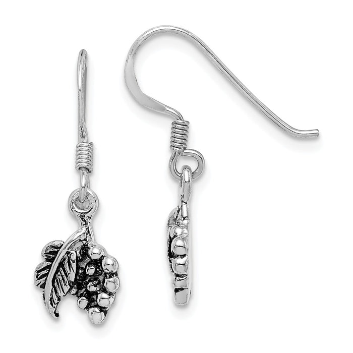 925 Sterling Silver Rhodium-plated Antiqued Grape Bundle Dangle Earring, 22.97mm x 8.35mm