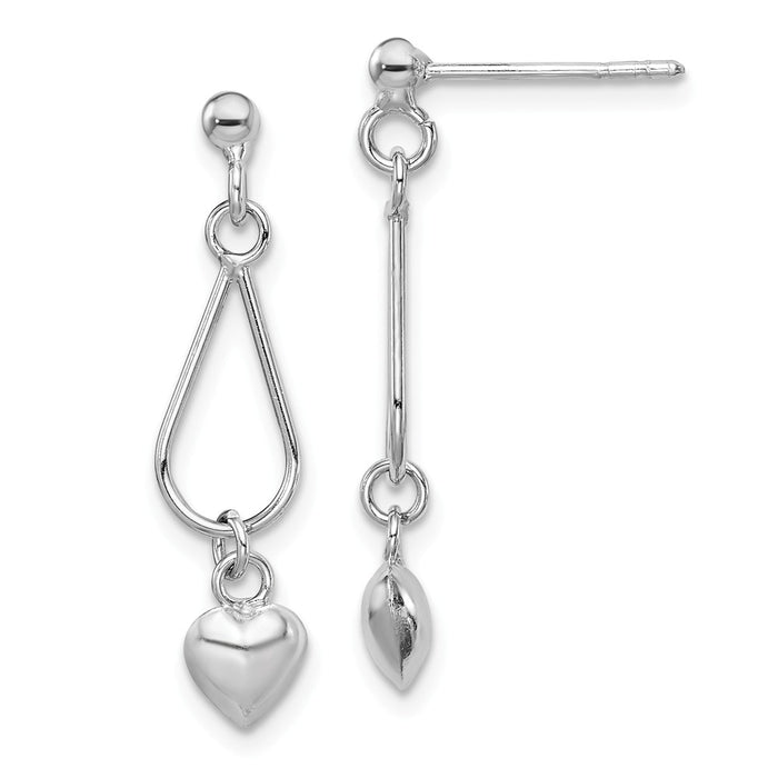 925 Sterling Silver Rhodium-plated Heart Puffed Dangle Earrings, 27.81mm x 6.74mm