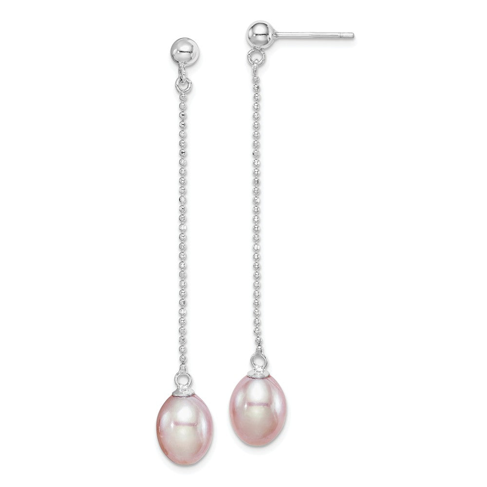 925 Sterling Silver Rh-plated 7-8mm Freshwater Cultured Purple Pearls Post Dangle Earrings, 55.4mm x 7 to 8mm
