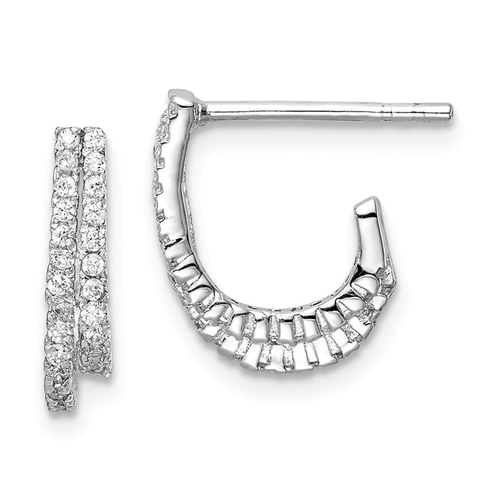 925 Sterling Silver Rhodium-plated 2-Row Cubic Zirconia ( CZ ) J-Hoop Post Earrings, 13.83mm x 10mm