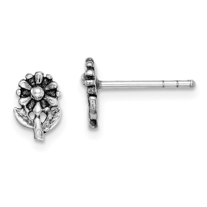 925 Sterling Silver Rhodium-plated Antiqued Flower Post Earrings, 7.82mm x 5.5mm