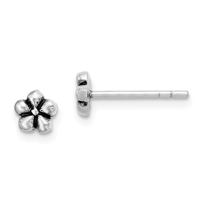 925 Sterling Silver Rhodium-plated Antiqued Flower Post Earrings, 5.2mm x 5.2mm