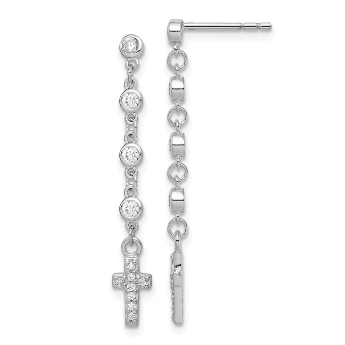 925 Sterling Silver Rhodium-plated Cubic Zirconia ( CZ ) Cross Dangle Post Earrings, 34.13mm x 4.7mm