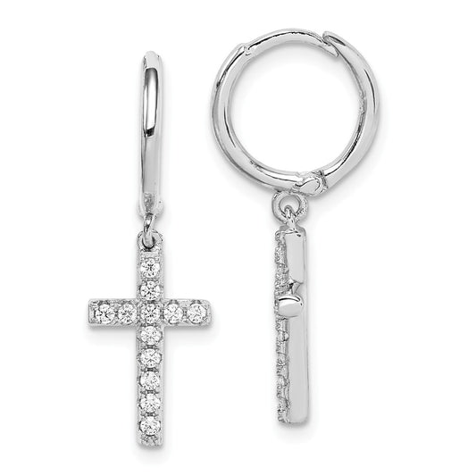 925 Sterling Silver Rhodium-plated Cubic Zirconia ( CZ ) Cross Hinged Hoop Earrings, 26.94mm x 8.6mm