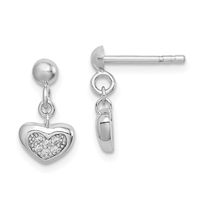 925 Sterling Silver Rhodium-plated Cubic Zirconia ( CZ ) Heart Dangle Post Earrings, 11.7mm x 7.08mm