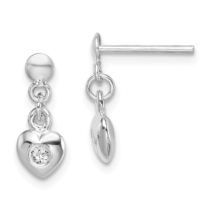 925 Sterling Silver Rhodium-plated Cubic Zirconia ( CZ ) Heart Dangle Post Earrings, 12.8mm x 5.63mm
