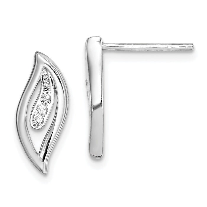 925 Sterling Silver Rhodium-plated Cubic Zirconia ( CZ ) Journey Leaf Post Earrings, 14.12mm x 6.05mm