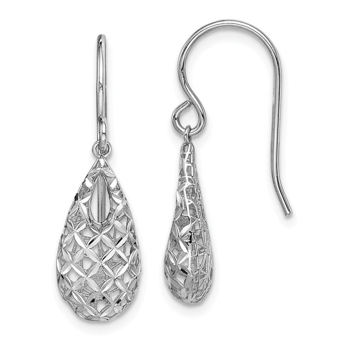 925 Sterling Silver Rhodium-plated Diamond-Cut Tear Drop Dangle Earrings, 28.57mm x 8.11mm