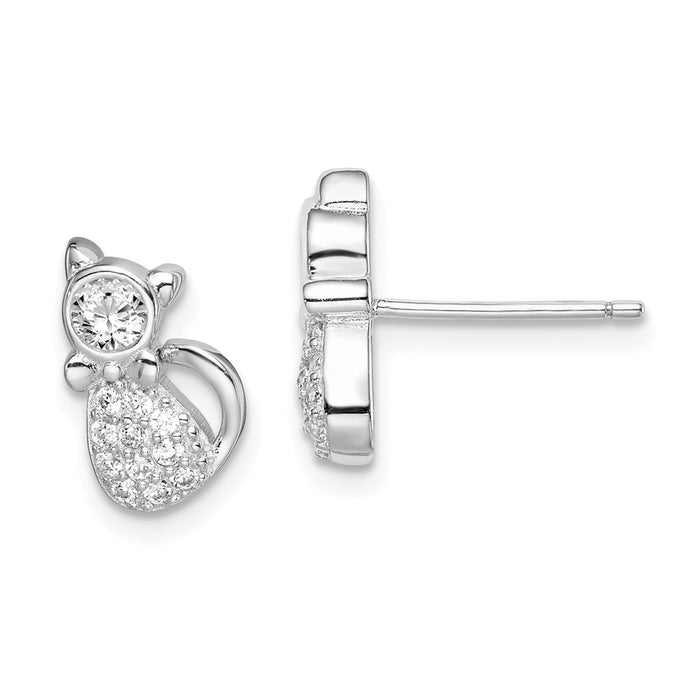 925 Sterling Silver Rhodium-plated Polished Cubic Zirconia ( CZ ) Cat Post Earrings, 12.12mm x 7mm