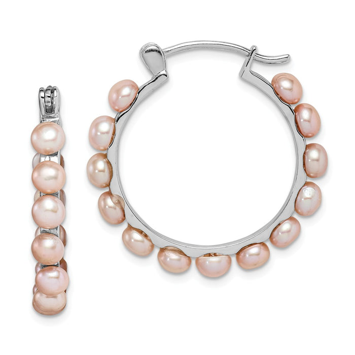 925 Sterling Silver Rhodium-Plated  4-5mm Pink Freshwater Cultured Pearl Hoop Earrings, 26.33mm x 4 to 5mm