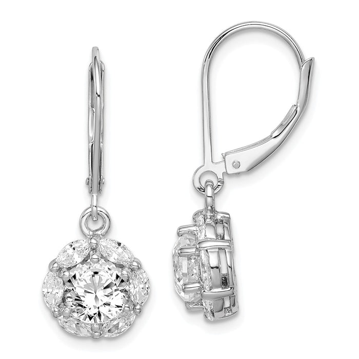 925 Sterling Silver Rhodium-plated 6 Cubic Zirconia ( CZ ) Halo Leverback Earrings,