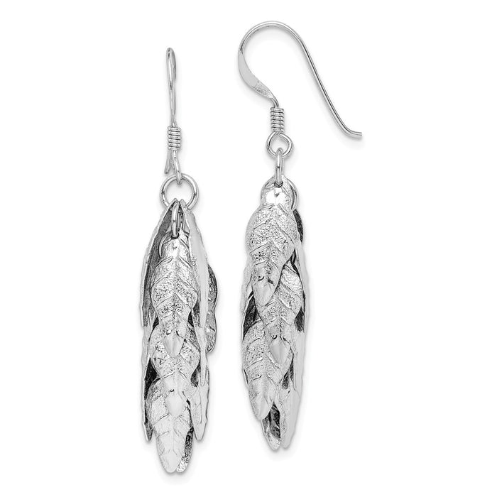 925 Sterling Silver Rhodium-plated Brushed Leaves Dangle Earrings,