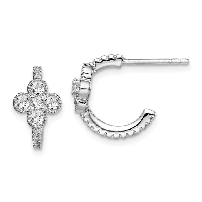 925 Sterling Silver Rhodium-plated Cubic Zirconia ( CZ ) Flower J-Hoop Post Earrings,