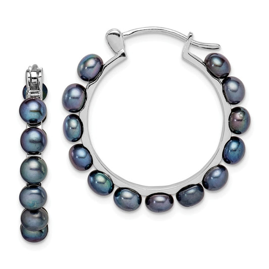 925 Sterling Silver Rhodium-Plated  4-5mm Black Freshwater Cultured Pearl Hoop Earrings, 28mm x 4 to 5mm