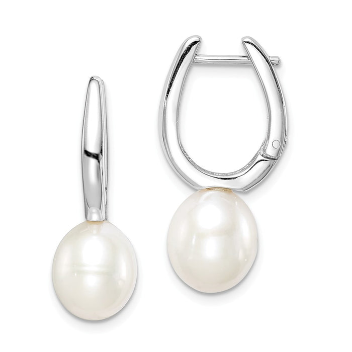 925 Sterling Silver Rhodium-Plated  7-8mm White Rice Freshwater Cultured Pearl Earrings, 24.95mm x 7 to 8mm