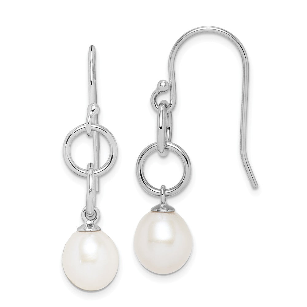 925 Sterling Silver Rhodium-Plated  7-8mm White Rice Freshwater Cultured Pearl Earrings, 32.15mm x 7 to 8mm