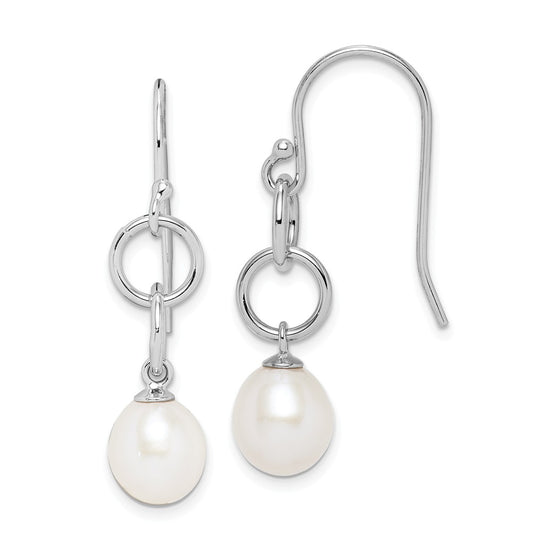 925 Sterling Silver Rhodium-Plated  7-8mm White Rice Freshwater Cultured Pearl Earrings, 32.15mm x 7 to 8mm