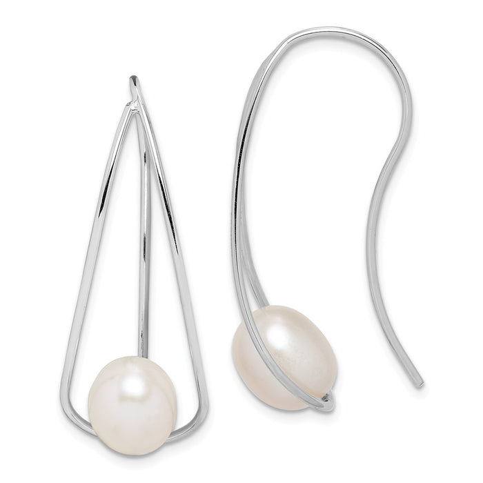 925 Sterling Silver Rhodium-Plated  7-8mm White Rice Freshwater Cultured Pearl Earrings, 31.55mm x 7 to 8mm